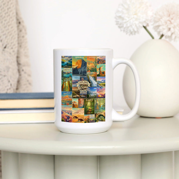 Oil Painting National Park Series, Collage, Explore our National Parks, Ceramic Mug Mugs Lantern Press 