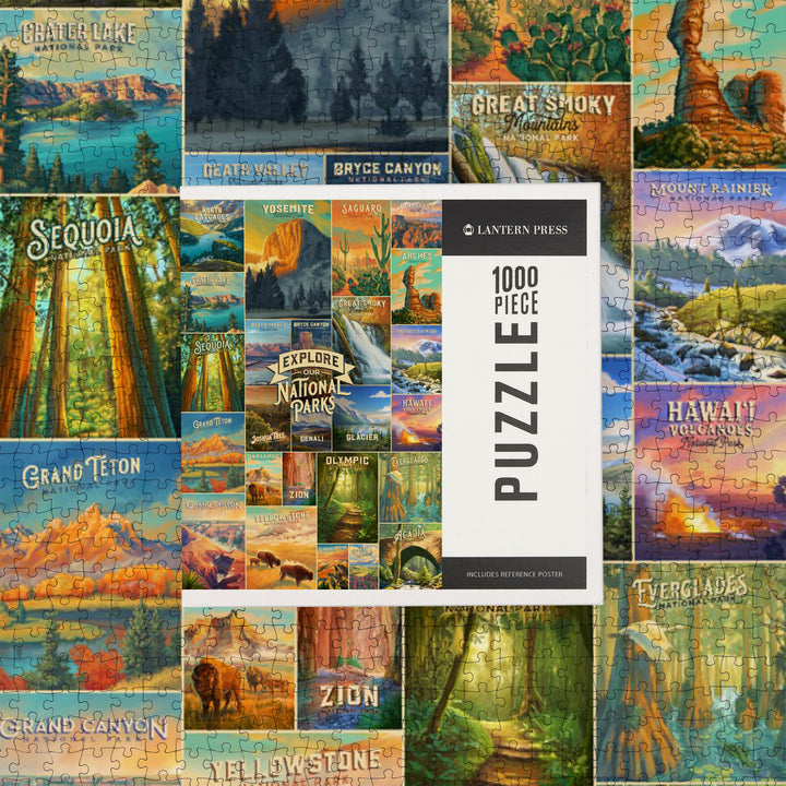 Oil Painting National Park Series, Collage, Explore our National Parks, Jigsaw Puzzle Puzzle Lantern Press 