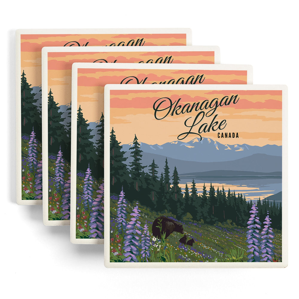 Okanagan Lake, British Columbia, Bear and Spring Flowers, Coasters Coasters Lantern Press 