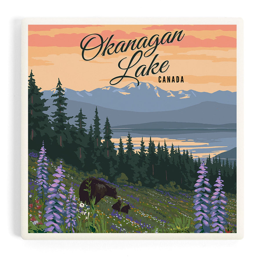 Okanagan Lake, British Columbia, Bear and Spring Flowers, Coasters Coasters Lantern Press 