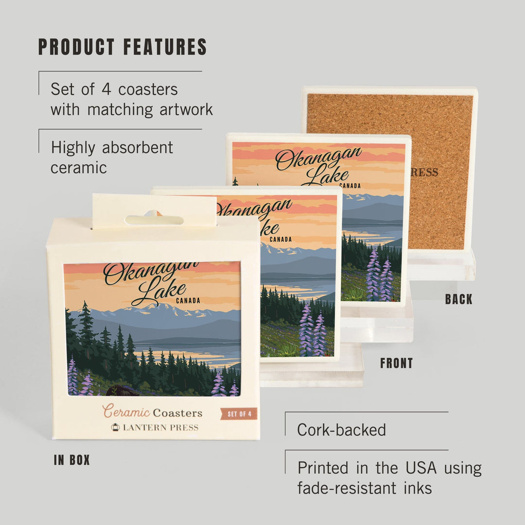 Okanagan Lake, British Columbia, Bear and Spring Flowers, Coasters Coasters Lantern Press 