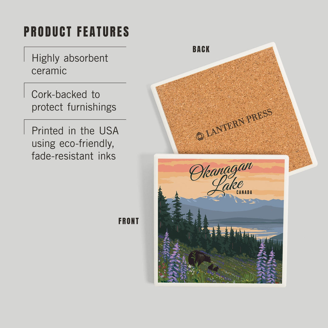 Okanagan Lake, British Columbia, Bear and Spring Flowers, Coasters Coasters Lantern Press 