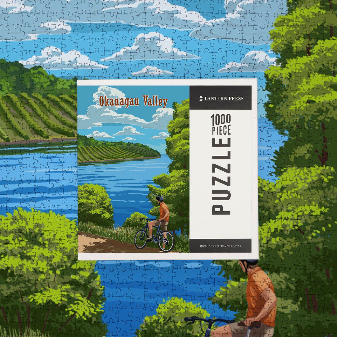 Okanagan Valley, Canada, Biker, Lake and Vineyard, Painterly, Jigsaw Puzzle Puzzle Lantern Press 