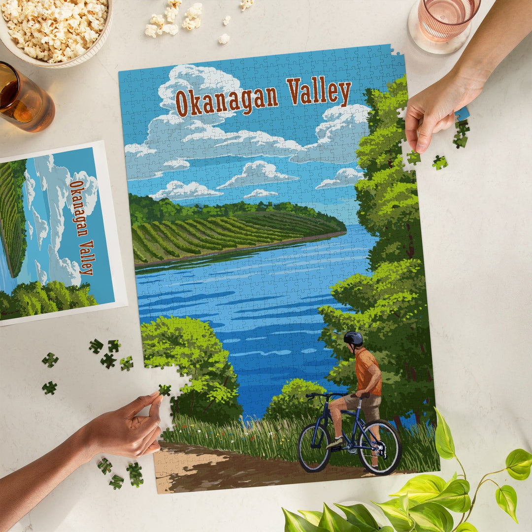 Okanagan Valley, Canada, Biker, Lake and Vineyard, Painterly, Jigsaw Puzzle Puzzle Lantern Press 