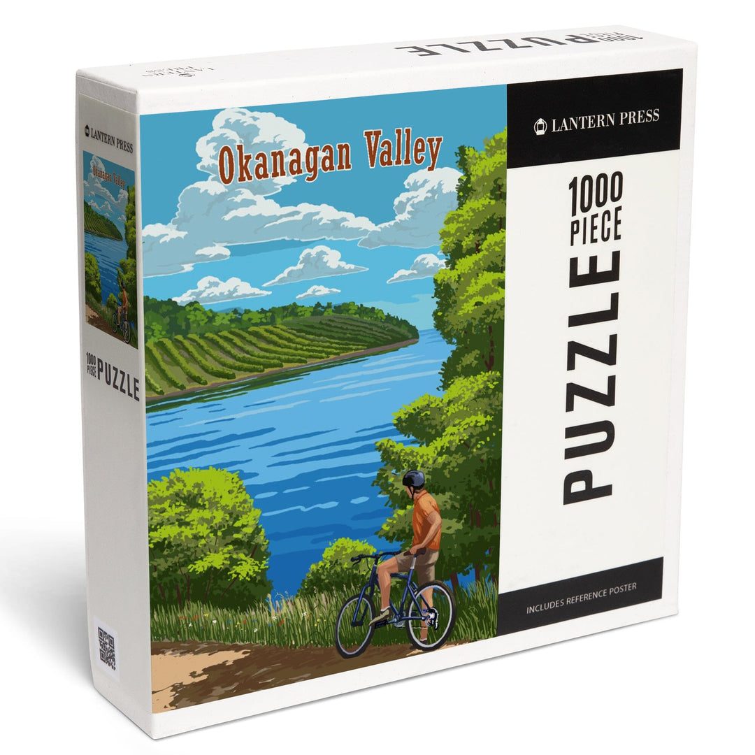 Okanagan Valley, Canada, Biker, Lake and Vineyard, Painterly, Jigsaw Puzzle Puzzle Lantern Press 