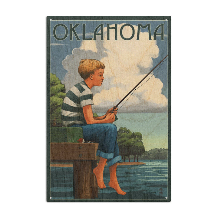 Oklahoma, Boy Fishing, Lantern Press Artwork, Wood Signs and Postcards Wood Lantern Press 10 x 15 Wood Sign 