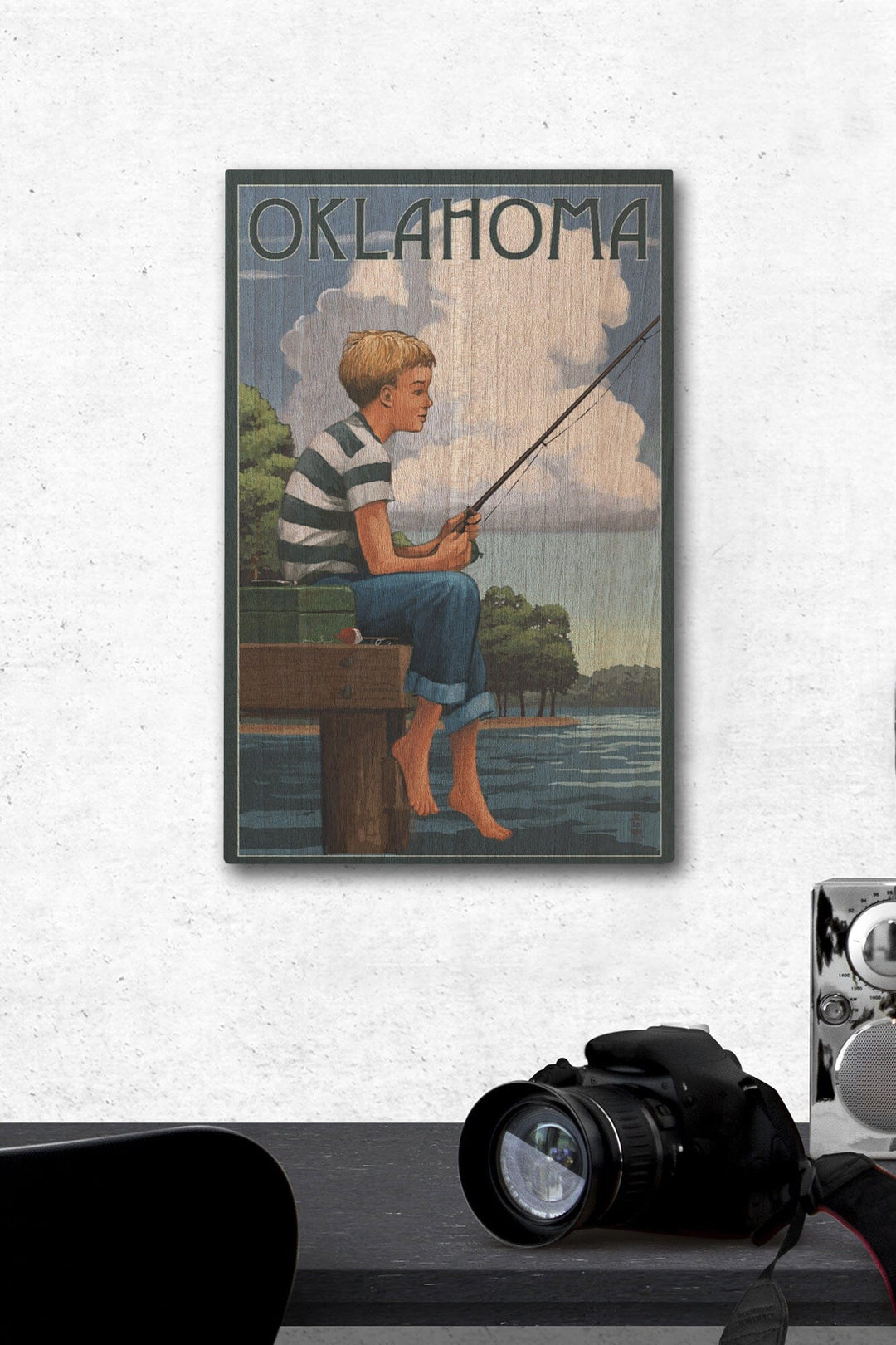 Oklahoma, Boy Fishing, Lantern Press Artwork, Wood Signs and Postcards Wood Lantern Press 12 x 18 Wood Gallery Print 