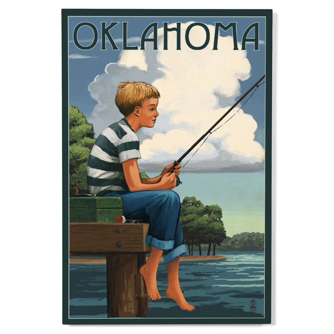 Oklahoma, Boy Fishing, Lantern Press Artwork, Wood Signs and Postcards Wood Lantern Press 