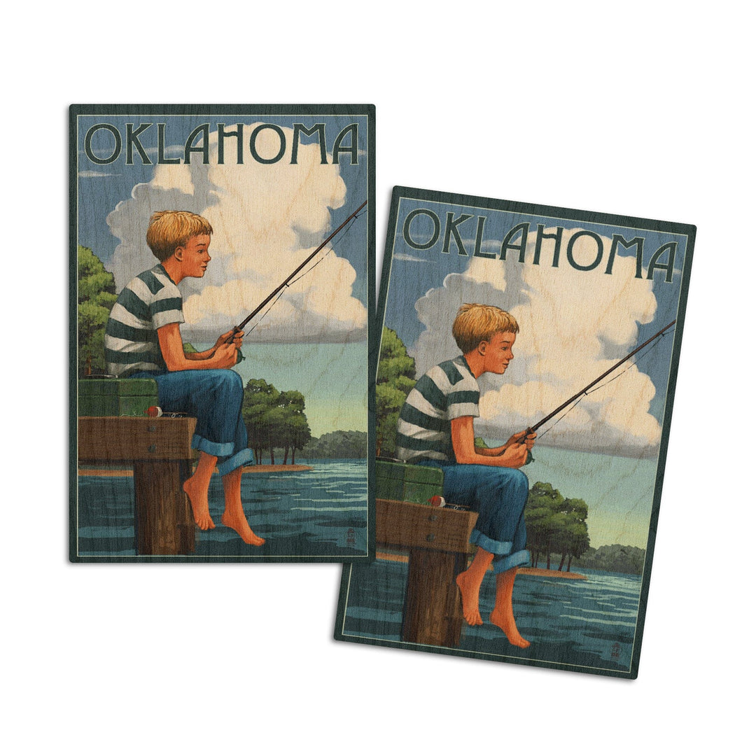 Oklahoma, Boy Fishing, Lantern Press Artwork, Wood Signs and Postcards Wood Lantern Press 4x6 Wood Postcard Set 