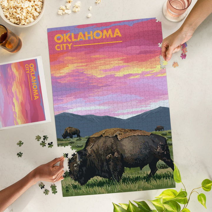 Oklahoma City, Oklahoma, Bison and Sunset, Jigsaw Puzzle Puzzle Lantern Press 