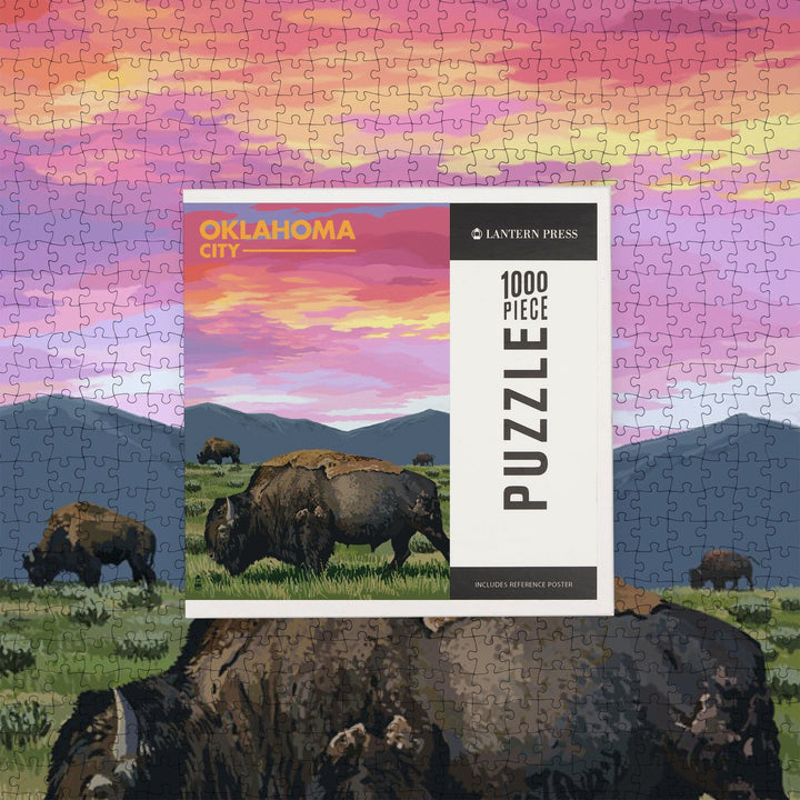 Oklahoma City, Oklahoma, Bison and Sunset, Jigsaw Puzzle Puzzle Lantern Press 
