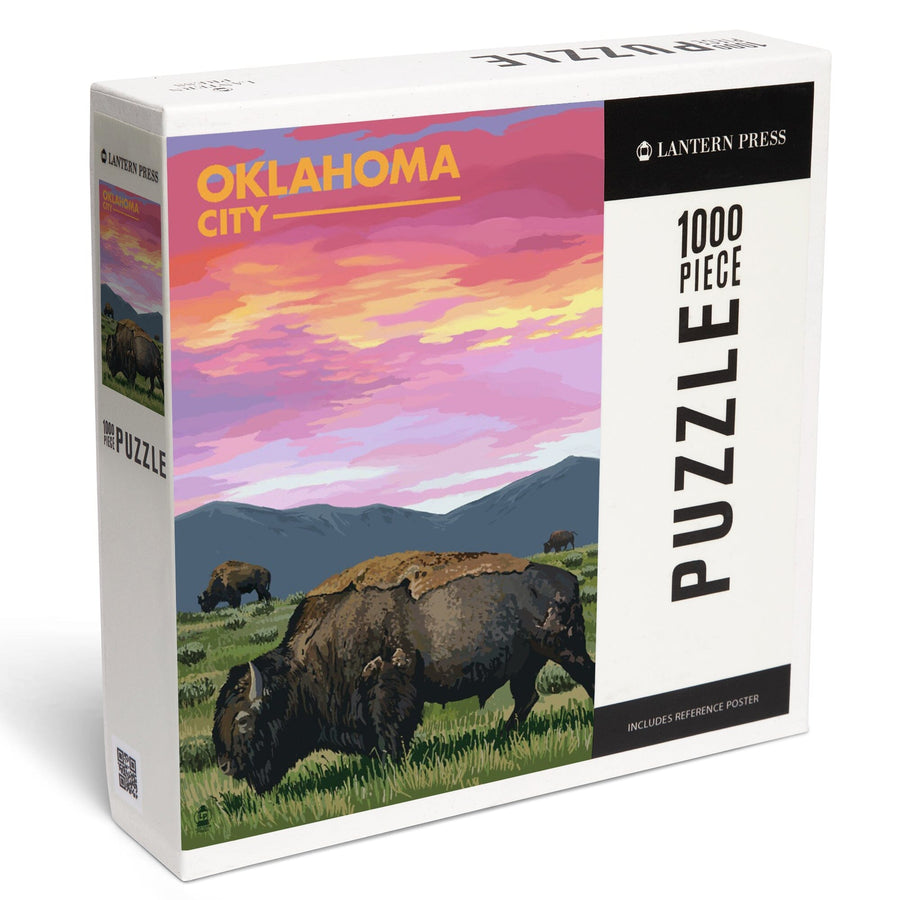 Oklahoma City, Oklahoma, Bison and Sunset, Jigsaw Puzzle Puzzle Lantern Press 