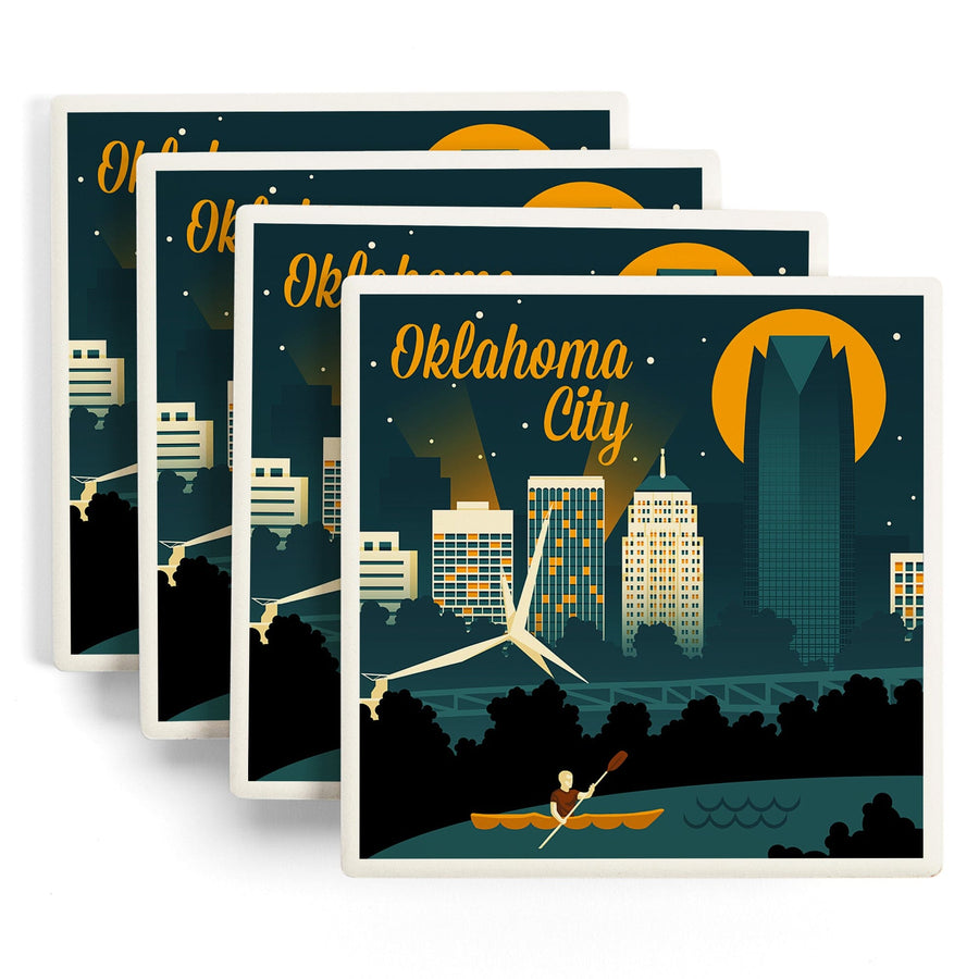 Oklahoma City, Oklahoma, Retro Skyline, Lantern Press Artwork, Coaster Set Coasters Lantern Press 