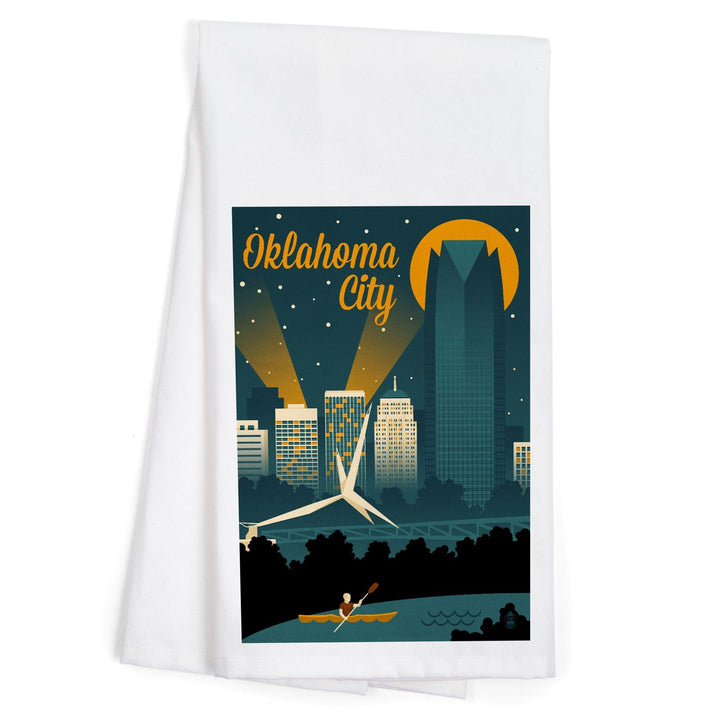 Oklahoma City, Oklahoma, Retro Skyline, Organic Cotton Kitchen Tea Towels Kitchen Lantern Press 