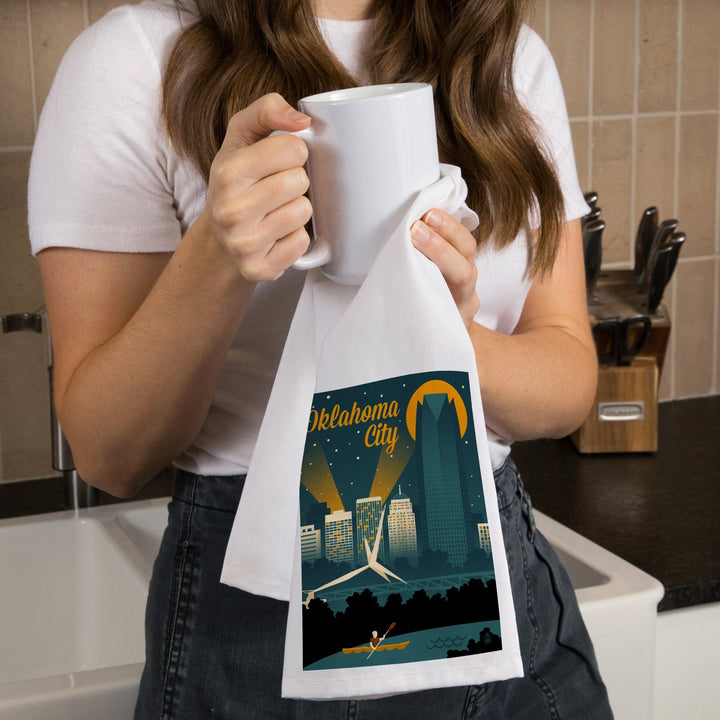 Oklahoma City, Oklahoma, Retro Skyline, Organic Cotton Kitchen Tea Towels Kitchen Lantern Press 