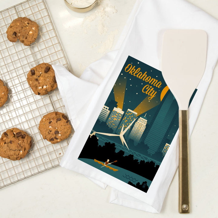 Oklahoma City, Oklahoma, Retro Skyline, Organic Cotton Kitchen Tea Towels Kitchen Lantern Press 