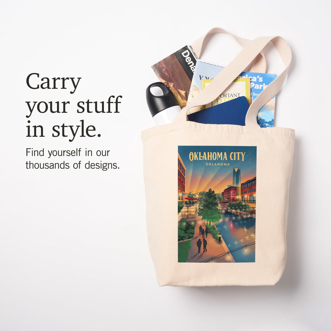 Oklahoma City, Oklahoma, River Walk, Lithograph Totes Lantern Press 