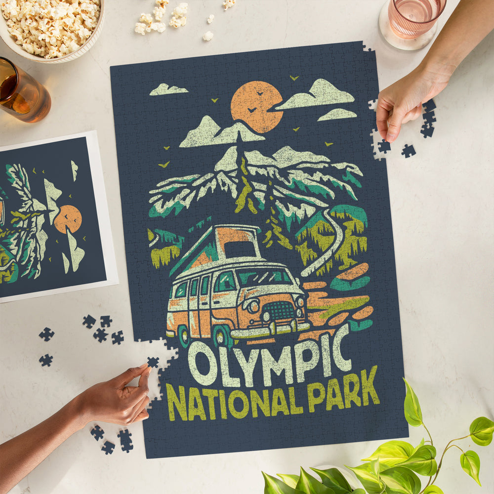 Olympic National Park, Distressed, Camper Van in Mountains, Jigsaw Puzzle Puzzle Lantern Press 