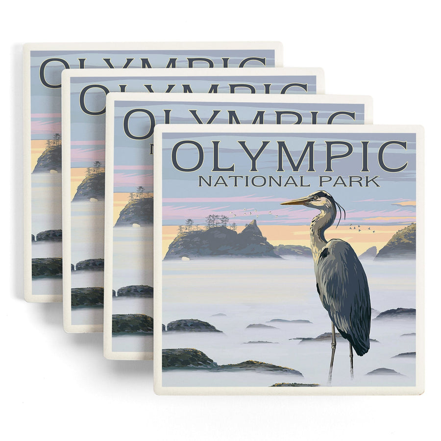 Olympic National Park, Heron and Fog Shoreline, Lantern Press Artwork, Coaster Set Coasters Lantern Press 