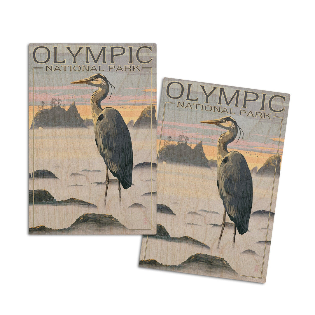 Olympic National Park, Heron and Fog Shoreline, Lantern Press Artwork, Wood Signs and Postcards Wood Lantern Press 4x6 Wood Postcard Set 