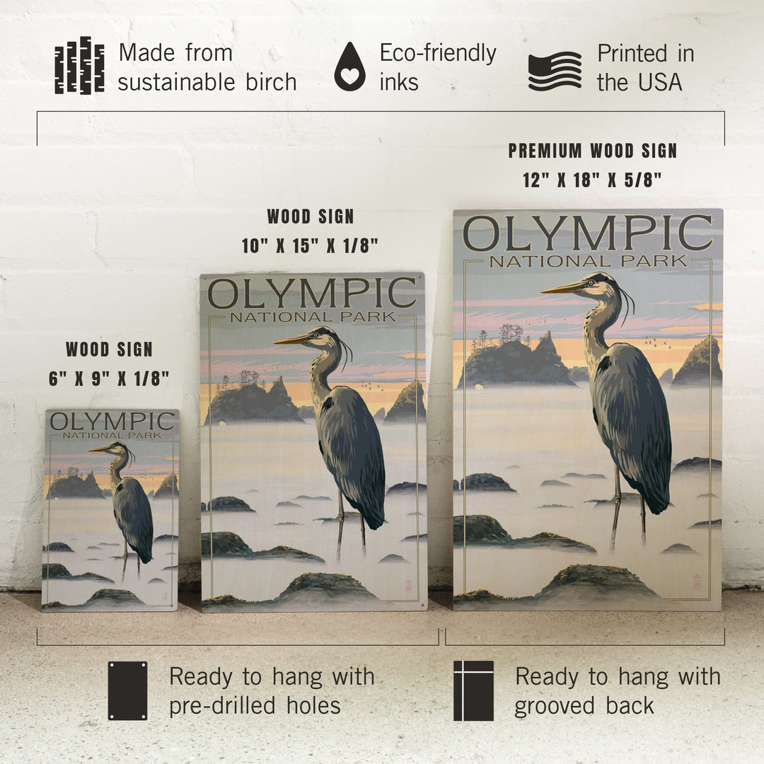 Olympic National Park, Heron and Fog Shoreline, Lantern Press Artwork, Wood Signs and Postcards Wood Lantern Press 