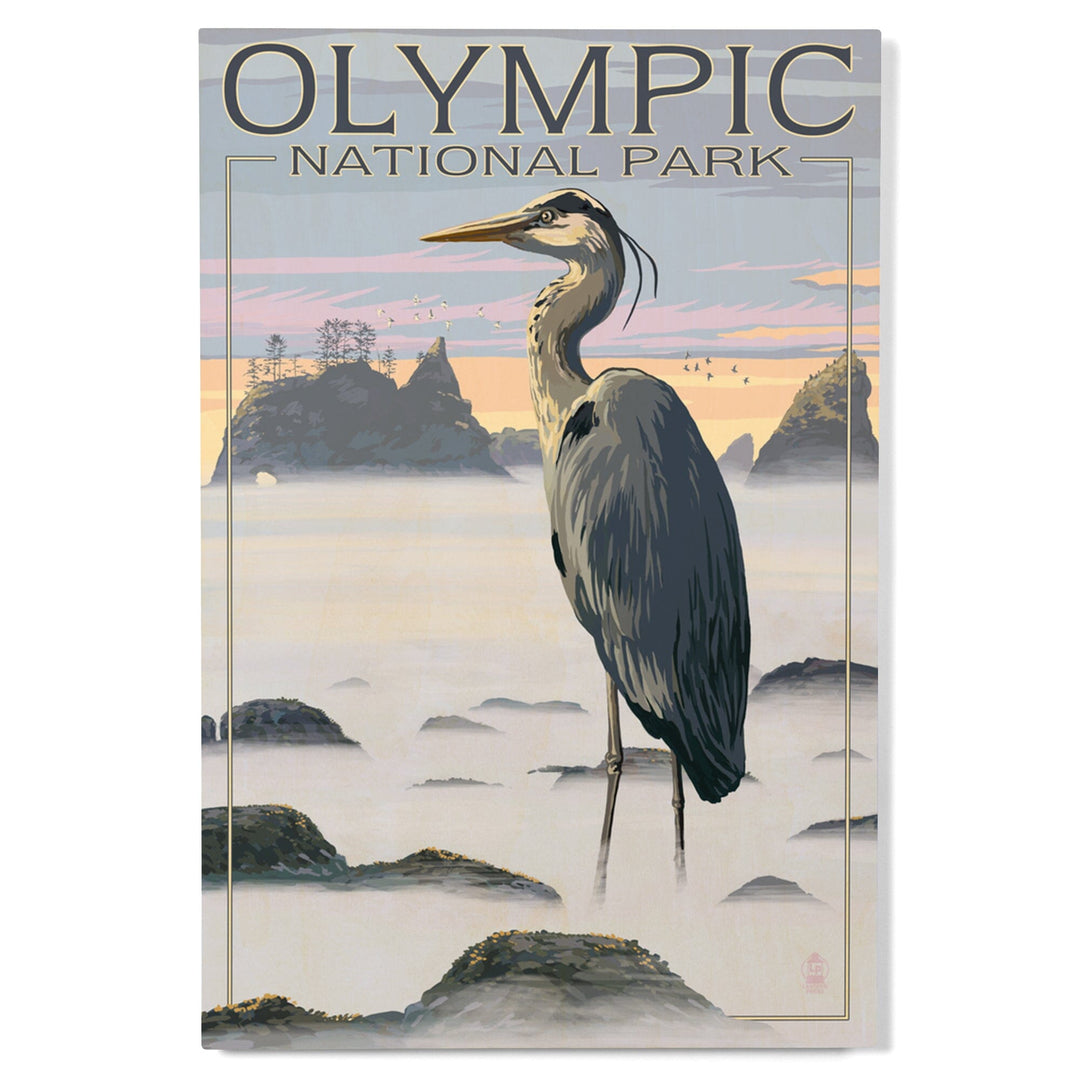 Olympic National Park, Heron and Fog Shoreline, Lantern Press Artwork, Wood Signs and Postcards Wood Lantern Press 