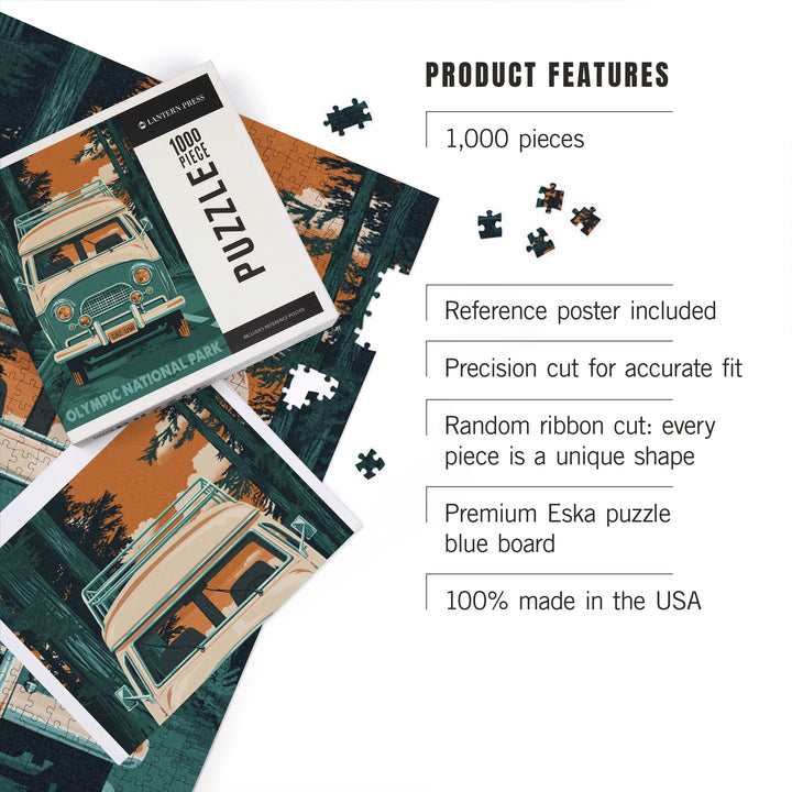 Olympic National Park, Letterpress, Camper Van, Jigsaw Puzzle Puzzle Lantern Press 