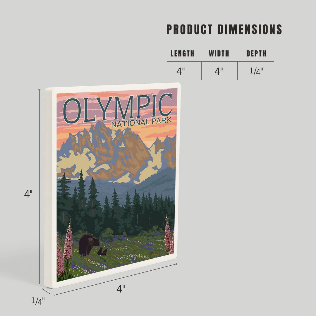 Olympic National Park, Washington, Bear and Cubs with Flowers, Coasters Coasters Lantern Press 