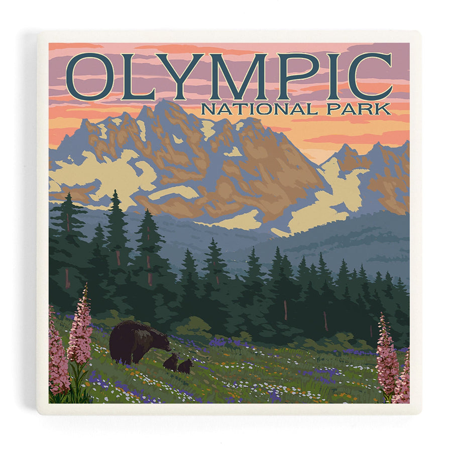 Olympic National Park, Washington, Bear and Cubs with Flowers, Coasters Coasters Lantern Press 