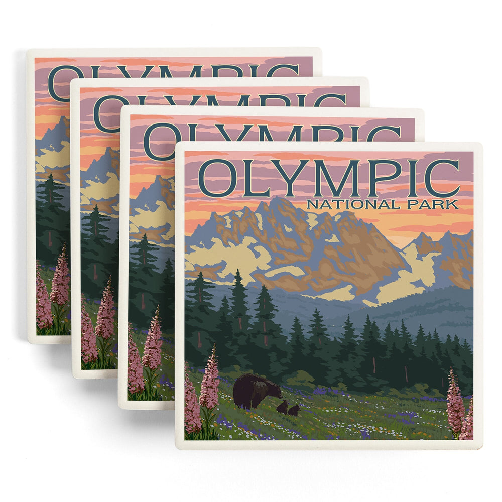 Olympic National Park, Washington, Bear and Cubs with Flowers, Coasters Coasters Lantern Press 