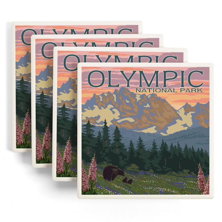 Olympic National Park, Washington, Bear and Cubs with Flowers, Coasters Coasters Lantern Press 