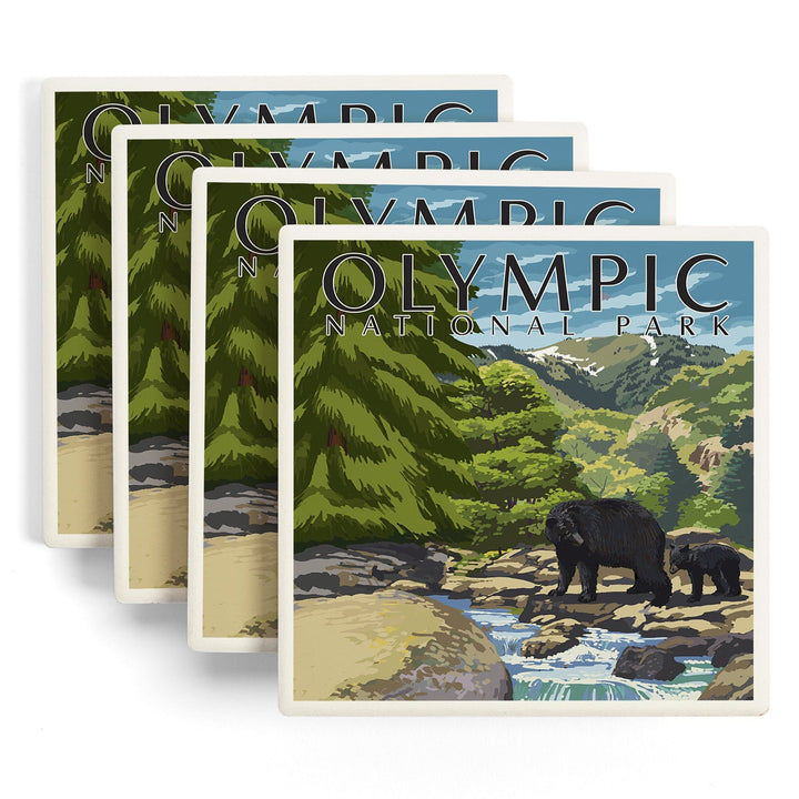 Olympic National Park, Washington, Bear Family & Creek, Lantern Press Artwork, Coaster Set Coasters Lantern Press 