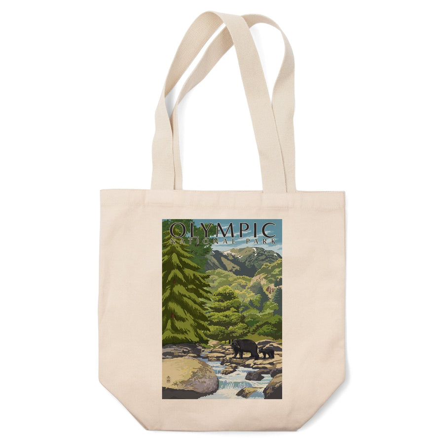 Olympic National Park, Washington, Bear Family & Creek, Lantern Press Artwork, Tote Bag Totes Lantern Press 