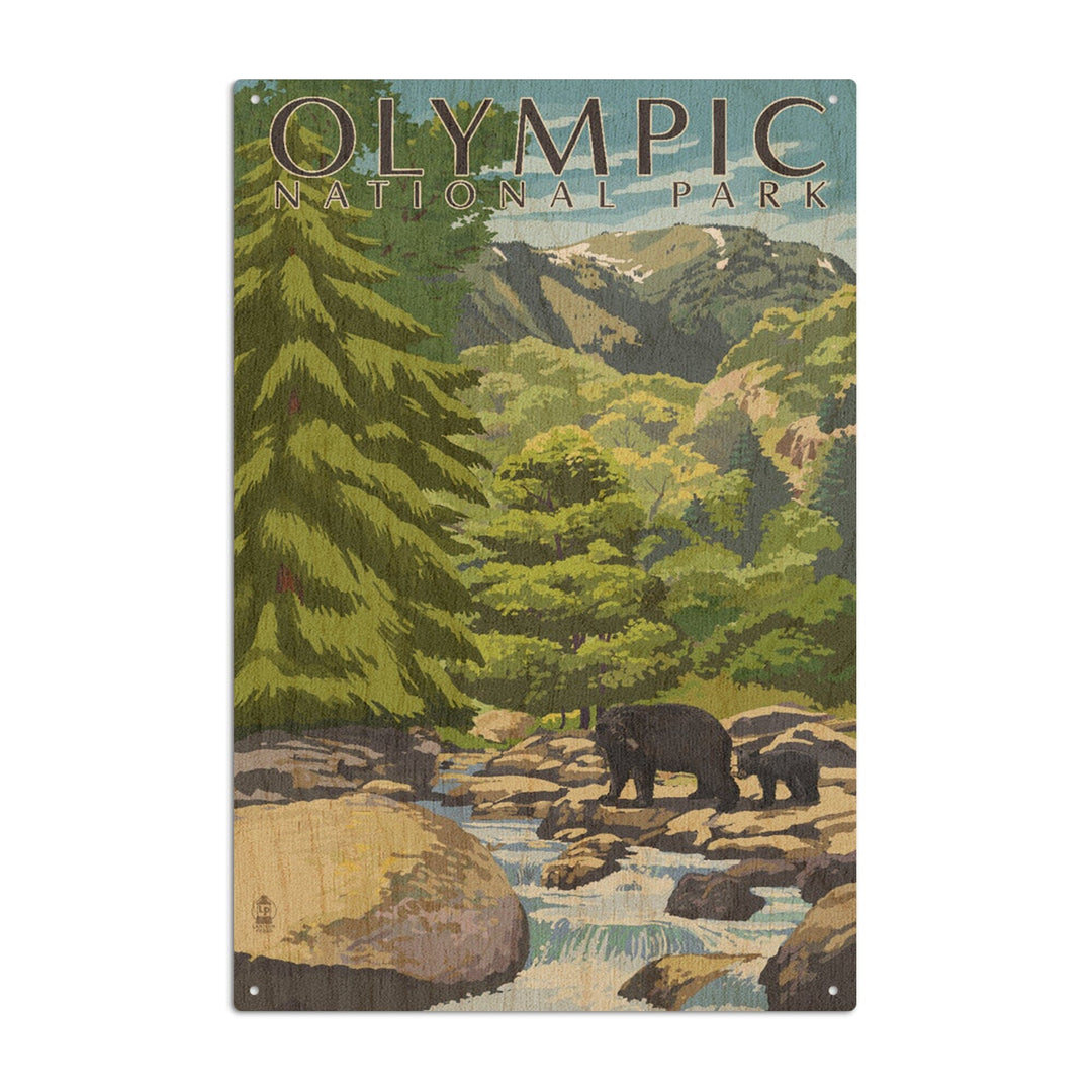 Olympic National Park, Washington, Bear Family & Creek, Lantern Press Artwork, Wood Signs and Postcards Wood Lantern Press 10 x 15 Wood Sign 