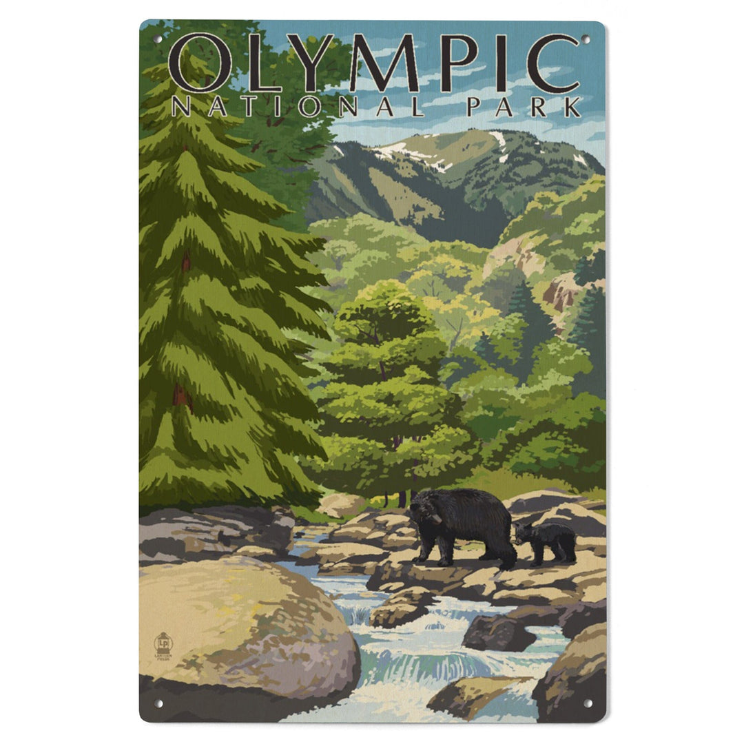 Olympic National Park, Washington, Bear Family & Creek, Lantern Press Artwork, Wood Signs and Postcards Wood Lantern Press 