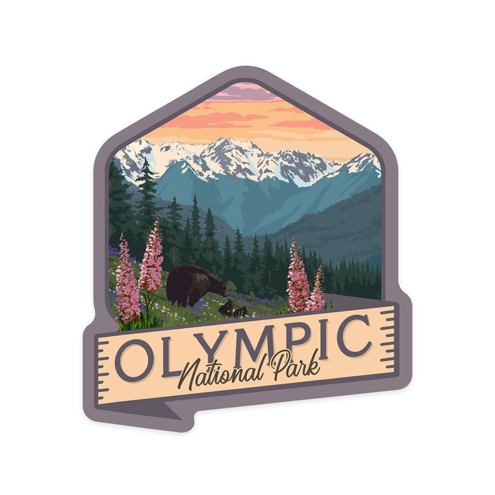 Olympic National Park, Washington, Bear Family & Spring Flowers, Contour, Lantern Press Artwork, Vinyl Sticker Sticker Lantern Press 