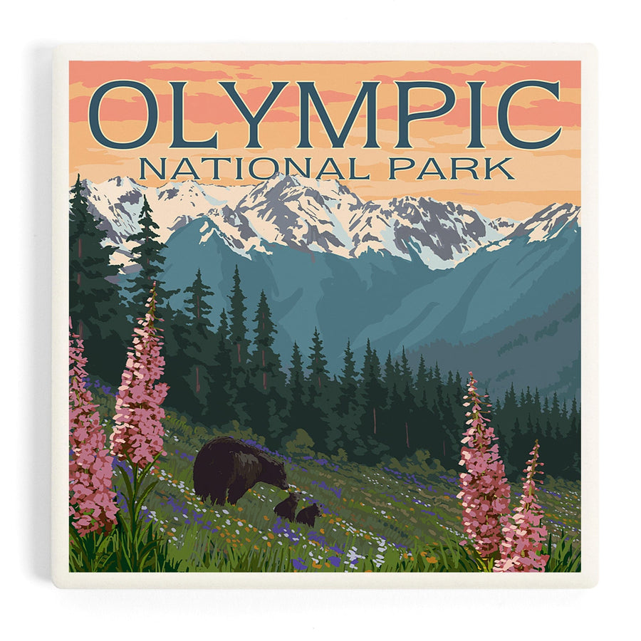 Olympic National Park, Washington, Bears and Spring Flowers, Coasters Coasters Lantern Press 