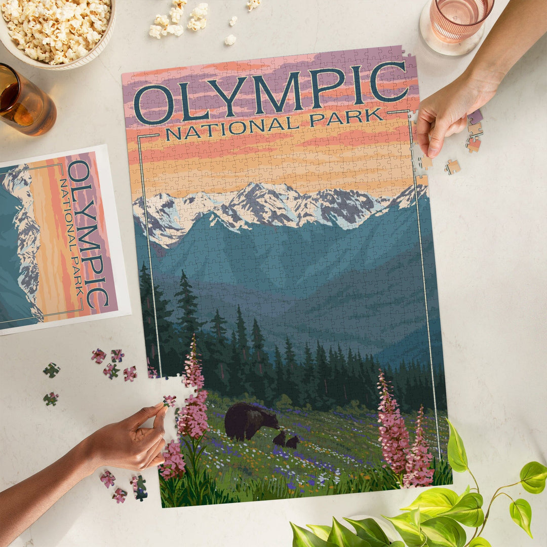 Olympic National Park, Washington, Bears and Spring Flowers, Jigsaw Puzzle Puzzle Lantern Press 