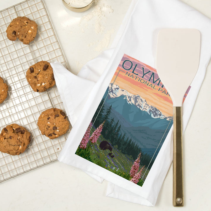 Olympic National Park, Washington, Bears and Spring Flowers, Organic Cotton Kitchen Tea Towels Kitchen Lantern Press 
