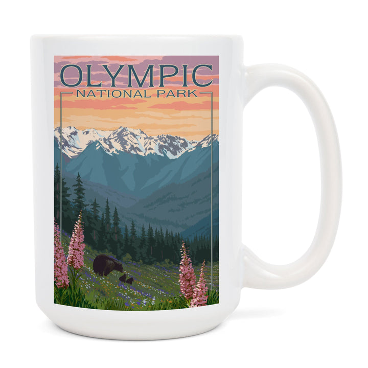 Olympic National Park, Washington, Bears & Spring Flowers, Lantern Press Artwork, Ceramic Mug Mugs Lantern Press 