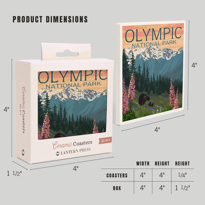 Olympic National Park, Washington, Bears & Spring Flowers, Lantern Press Artwork, Coaster Set Coasters Lantern Press 