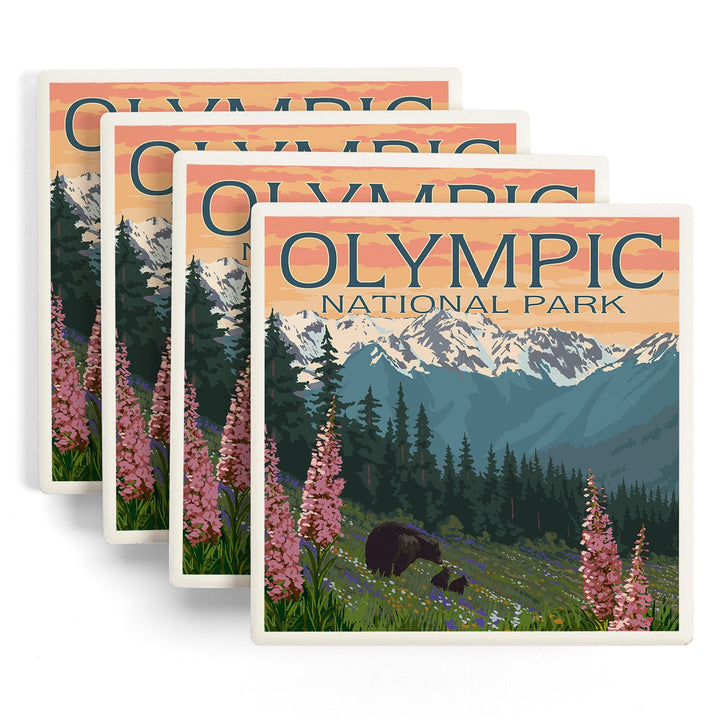 Olympic National Park, Washington, Bears & Spring Flowers, Lantern Press Artwork, Coaster Set Coasters Lantern Press 