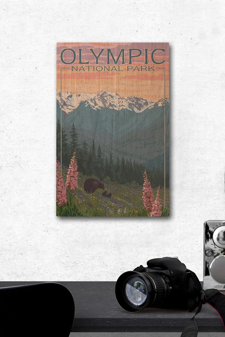 Olympic National Park, Washington, Bears & Spring Flowers, Lantern Press Artwork, Wood Signs and Postcards Wood Lantern Press 12 x 18 Wood Gallery Print 