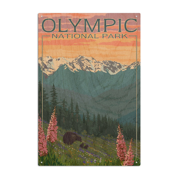 Olympic National Park, Washington, Bears & Spring Flowers, Lantern Press Artwork, Wood Signs and Postcards Wood Lantern Press 6x9 Wood Sign 