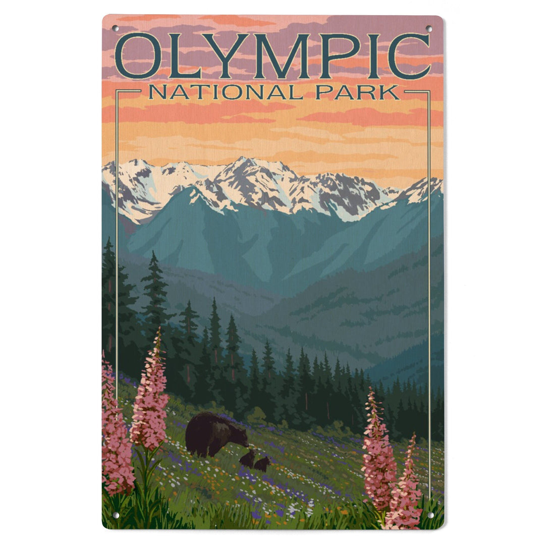 Olympic National Park, Washington, Bears & Spring Flowers, Lantern Press Artwork, Wood Signs and Postcards Wood Lantern Press 