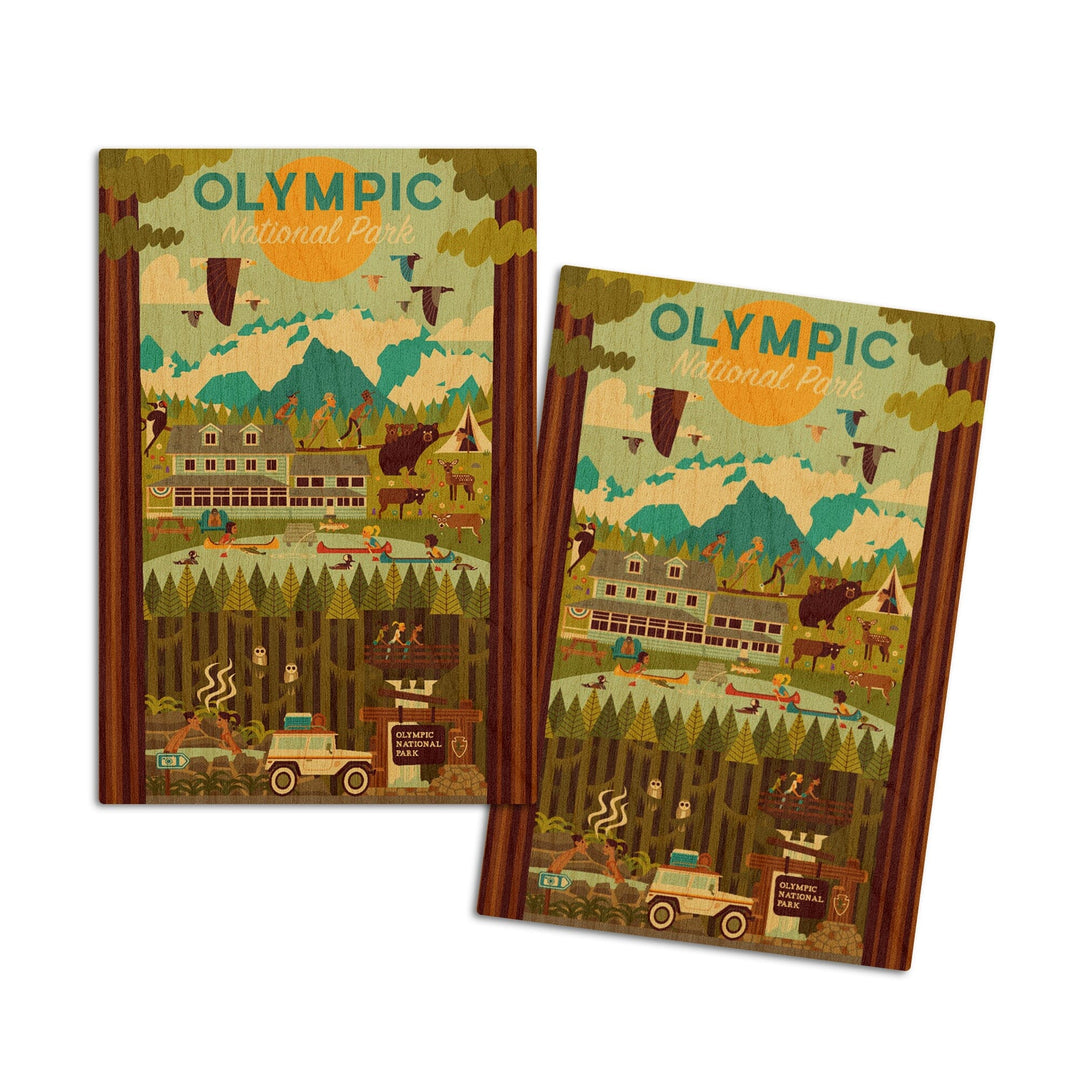 Olympic National Park, Washington, Geometric National Park Series, Lantern Press Artwork, Wood Signs and Postcards Wood Lantern Press 4x6 Wood Postcard Set 