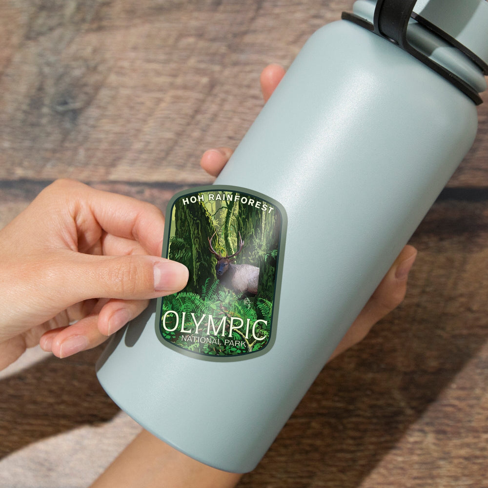Olympic National Park, Washington, Hoh Rain Forest and Elk, Contour, Vinyl Sticker Sticker Lantern Press 