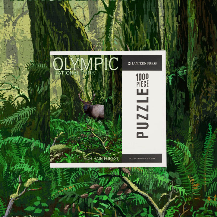 Olympic National Park, Washington, Hoh Rain Forest and Elk, Jigsaw Puzzle Puzzle Lantern Press 