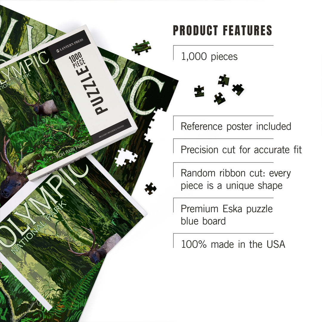 Olympic National Park, Washington, Hoh Rain Forest and Elk, Jigsaw Puzzle Puzzle Lantern Press 