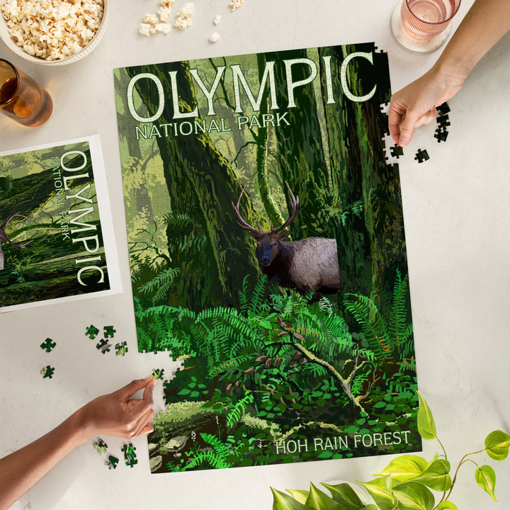 Olympic National Park, Washington, Hoh Rain Forest and Elk, Jigsaw Puzzle Puzzle Lantern Press 